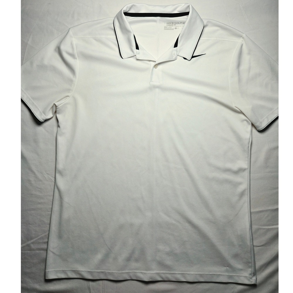 Nike Golf Dri-FIT Polo Shirt Mens Medium White Black Swoosh Standard Fit 0110